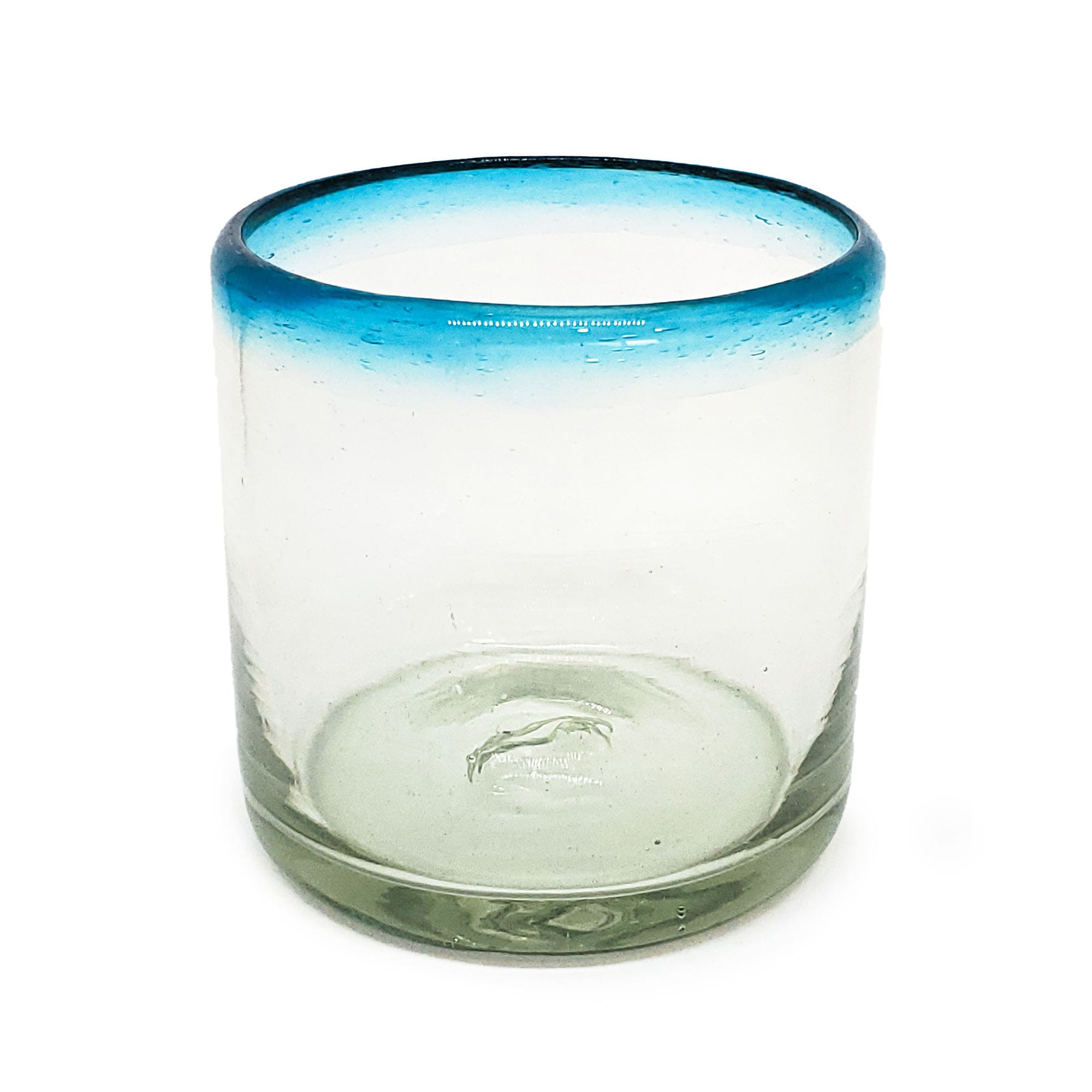MEXICAN GLASSWARE / Aqua Blue Rim 8 oz DOF Rock Glasses (set of 6)